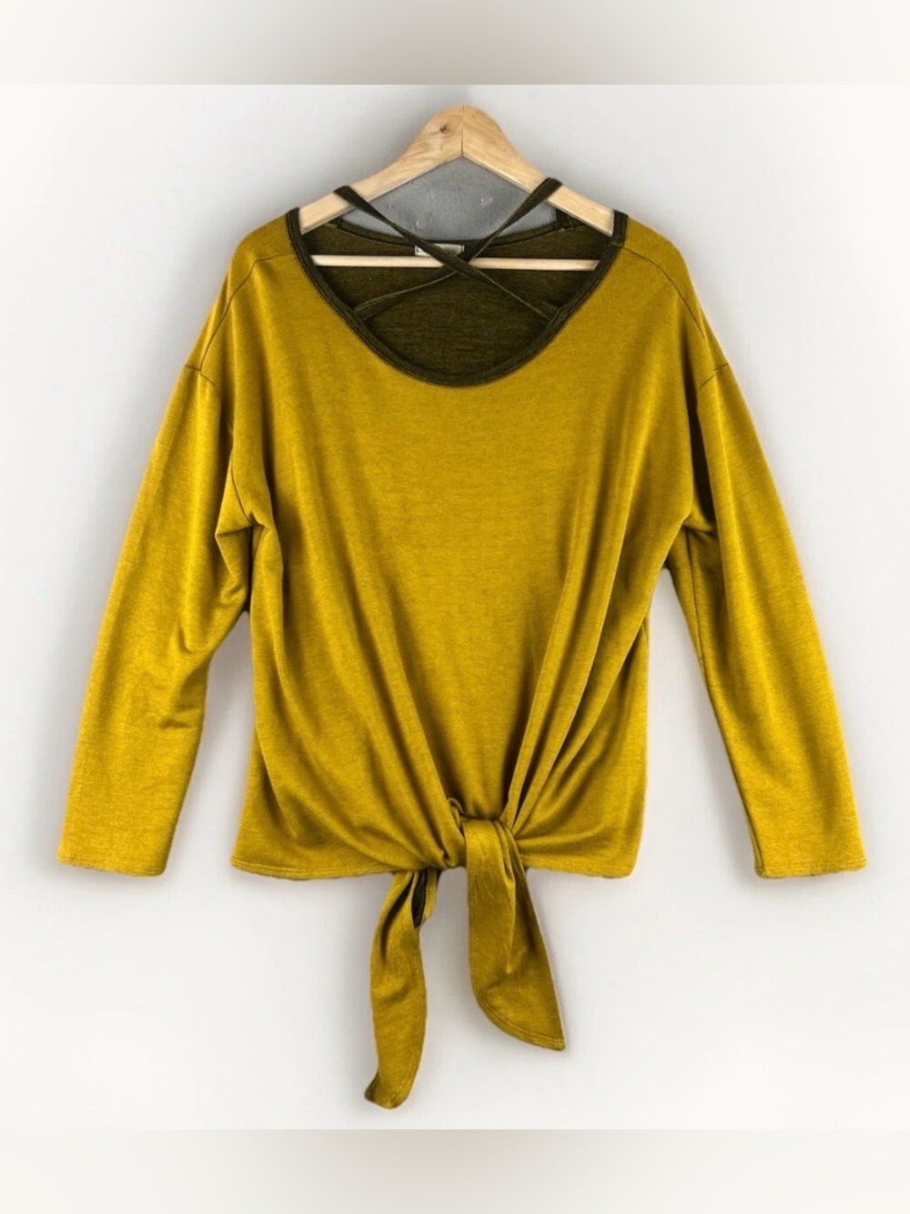 Cotton Blue Women's Top Size Medium Mustard  Brown Cris Cross Tie Front